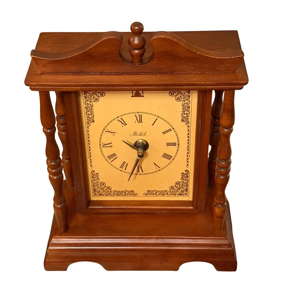 Vintage MaLeck Wood Mantel Clock Electric Spindle Pillars Roman Numerals Brown